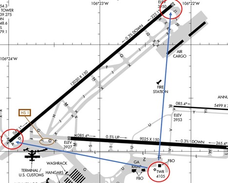 Image shows that the approach ends of RWY 4/22 are not visible from the TWR.