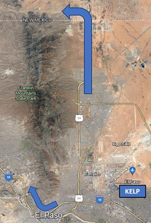 Image shows ELP has two informal VFR departure areas known as the “Downtown” transition or the “Gap” Transition that are utilized to gain altitude above the Franklin mountains.