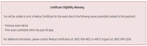 Screen grab showing Certificate Eligibility Warning