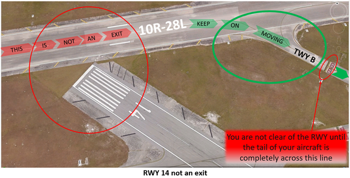 Illustration depicts the appropriate taxiway to exit runway ten right.
