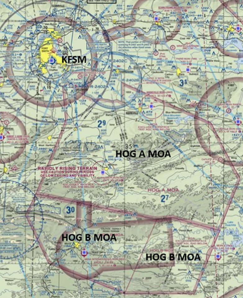 Illustration of sectional chart showing military operating areas and their positions relative to Fort Smith.