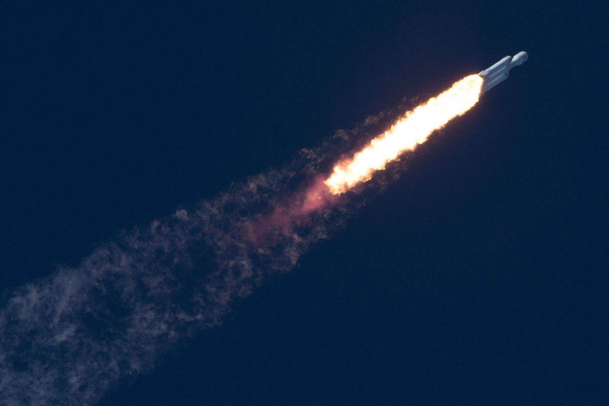 Falcon Heavy early during its first demo launch ascent.