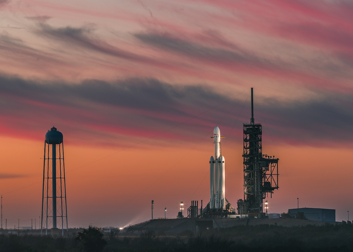 Falcon Heavy on the launch pad at Cape Canaveral, Florida.