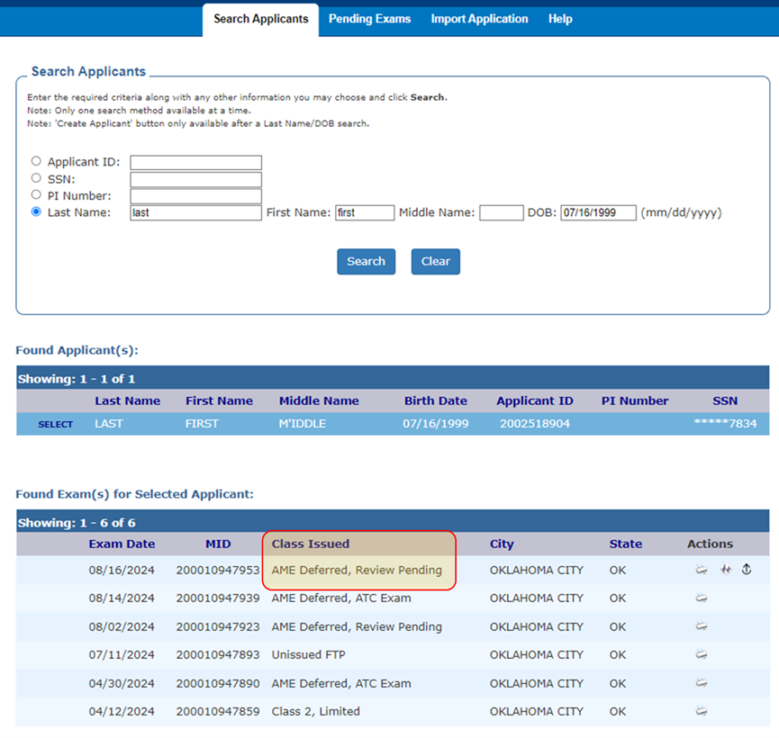 Screen grab showing Found Exams section