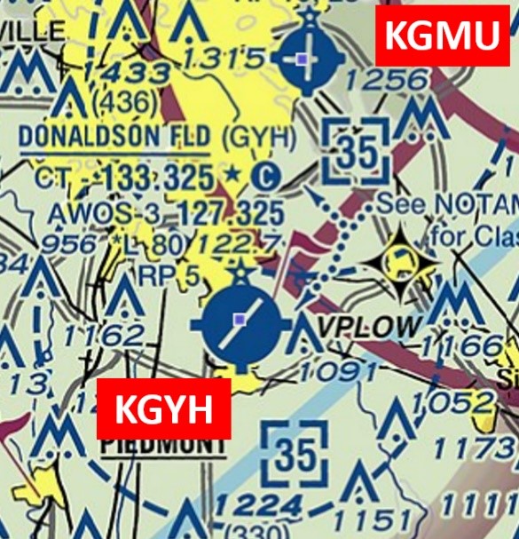 Illustration of Sectional Chart showing Donaldson Field Class Delta airspace and relative position to Greenville Municipal Airport.