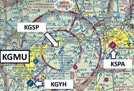 Illustration of portion of Sectional Chart showing locations  of three public-use airports relative to Greenville Municipal Airport.