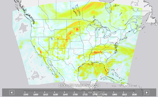 Sample of a turbulence nowcast from the Beta version of GTGN depicting areas of turbulence over the continental United States.