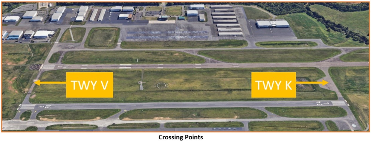 Illustration of the Manassas Airport with taxiways victor and kilo being the only taxiways to relocate to either side of the airfield.