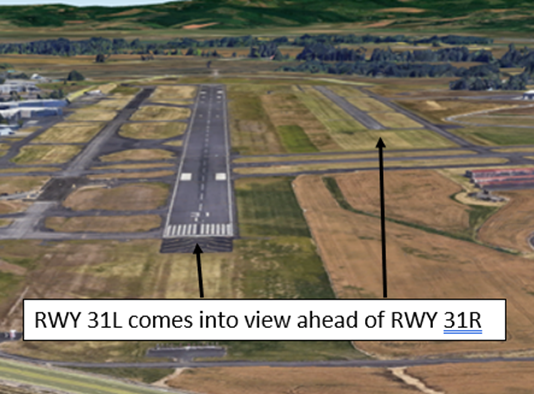 Wrong surface landing risk at HIO due to parallel runways with staggered thresholds.