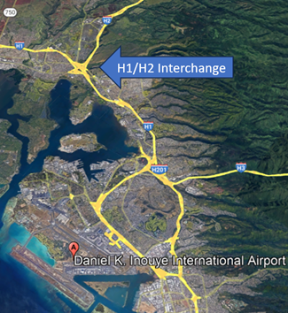 image shows the H1/H2 interchange to be aware of near HNL. 	Be aware of the heavy volume of helicopter traffic (tour and military).  The H1/H2 interchange as well as CKH VORTAC are areas of high VFR traffic congestion