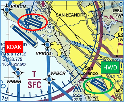 Picture from the sectional chart showing the close proximity and similar configurations of Oakland and Hayward Airports.