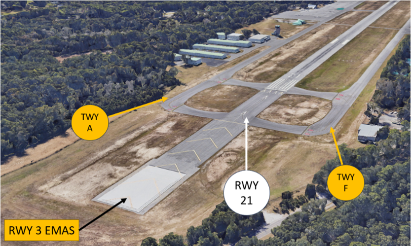 Runway Two-One approach end with parallel taxiways.