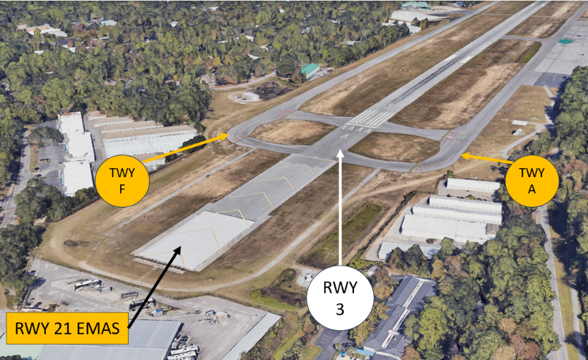 Runway Three approach end with parallel taxiways.