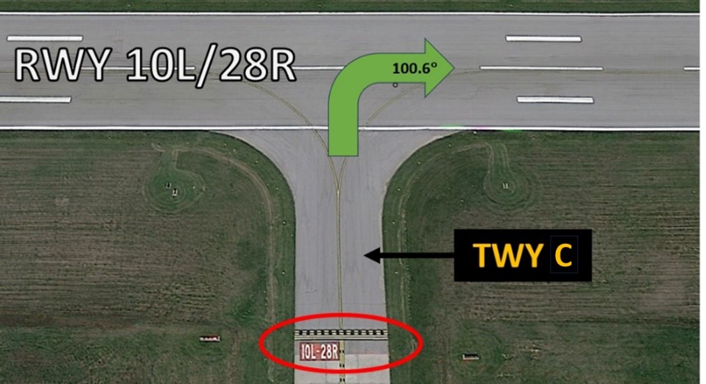 Illustration of turning in proper direction when given an intersection departure on Runway One Zero Left and Taxiway Charlie
