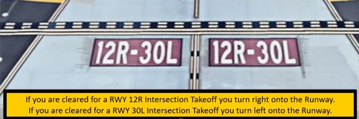 IWA Wrong Surface Intersection Takeoff exits. If you're cleared for a RWY 12R intersection takeoff turn right onto the runway. If cleared for a RWY 30L intersection takeoff you turn left onto the runway. 
