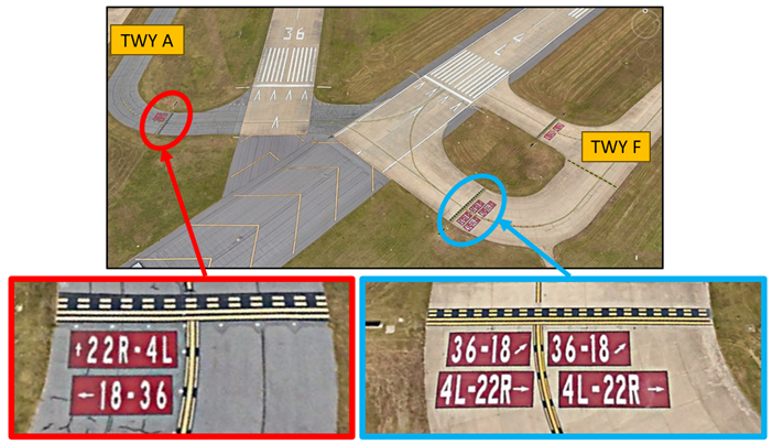 Graphic depiction of hotspot one showing the proximity of the runway three six and runway four left thresholds.