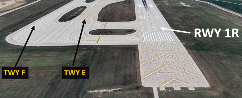 Picture of Runway One Right and its location next to Taxiways Echo and Foxtrot to illustrate the risk of taking off, or landing on a taxiway instead of the runway. 