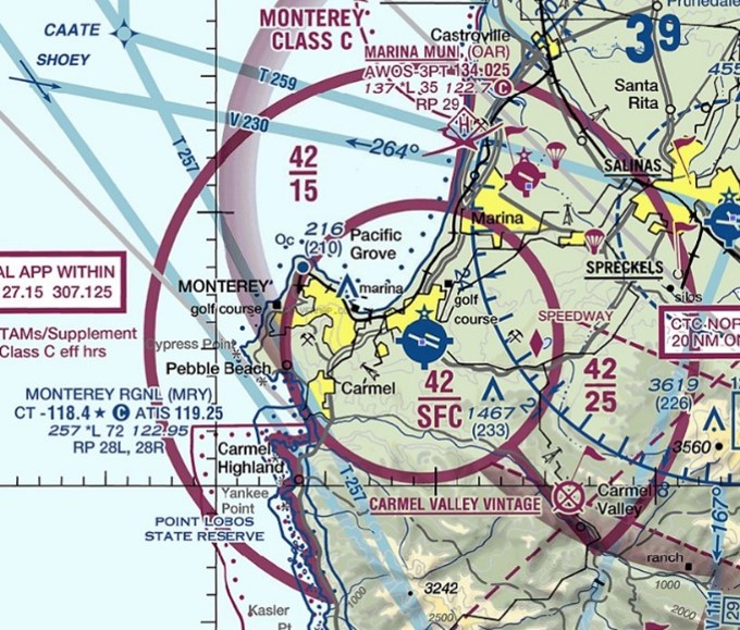 Illustration of sectional chart highlighting Class Charlie Airspace