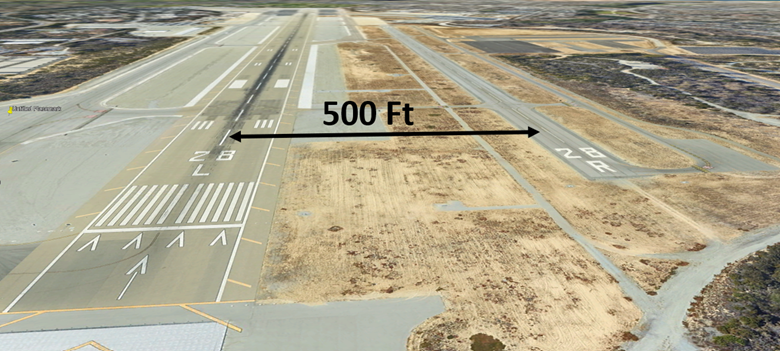 Illustration highlighting the distance between runway centerlines is only five hundred feet.