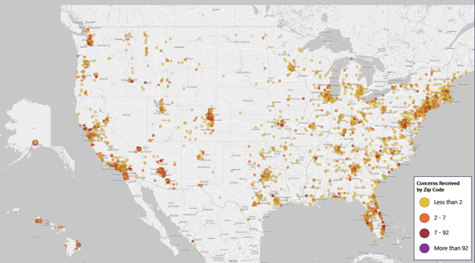 nationwide map of plotted complaints and inquiries 