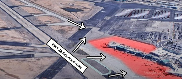 Image shows a large, non-movement area surrounding the terminal where air-carrier aircraft push back from the gates. Pilots should use caution if rolling out on the RWY 26L extended runoff area.