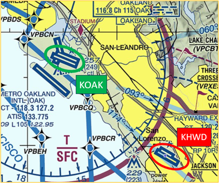 Sectional Chart picture showing the proximity of the OAK and HWD airports.