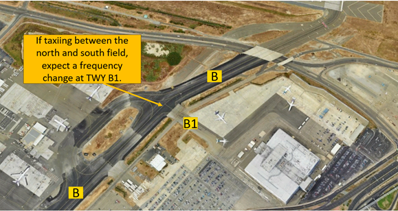 Picture showing the location for frequency changes at Taxiway Bravo One.