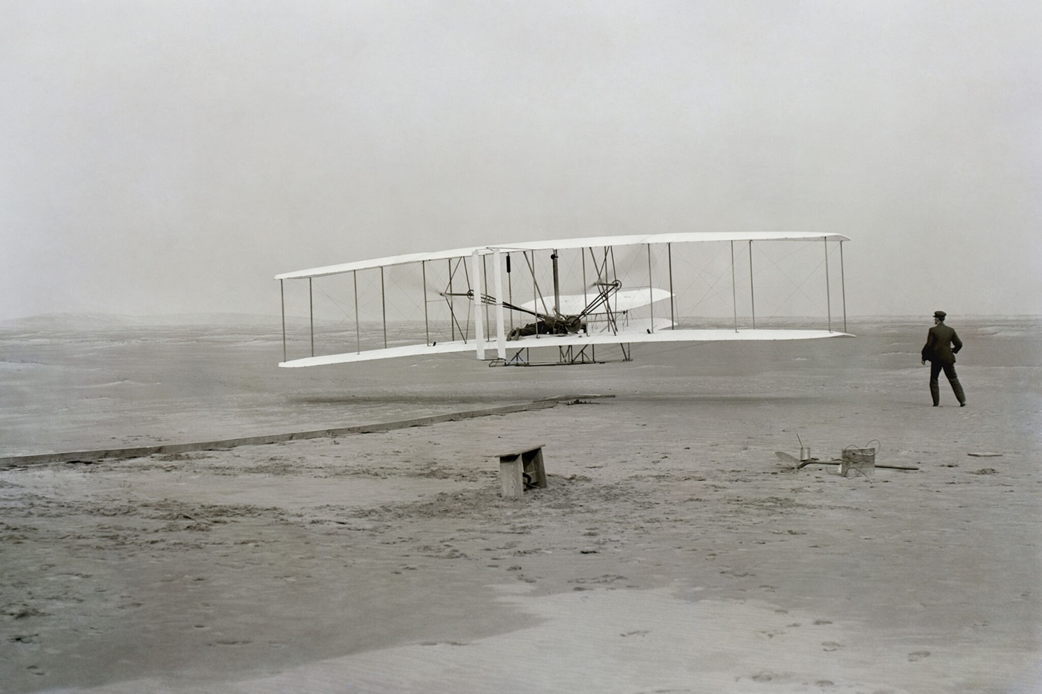 The Wright Brothers achieve the first powered flight on a cold, stormy day in Kitty Hawk, North Carolina on Dec. 17, 1903.