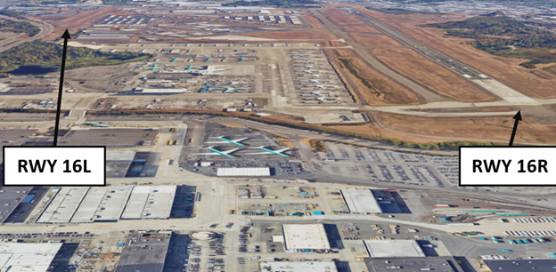 Illustration of how difficult it is to see Runway One Six Left in comparison to Runway One Six  Right. The runways are staggered and Runway One Six right is larger and appears before Runway One Six Left.