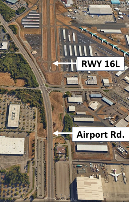 Illustration depicting Airport Road and its relation to Runway One Six Left.