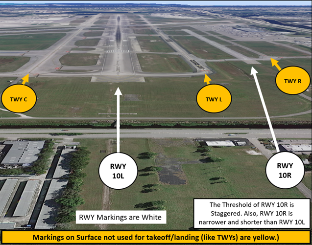 Highlighting parallel runways ten right and left with parallel taxiways. 