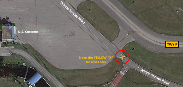Illustration highlighting the vehicle service road near customs and taxiway foxtrot.