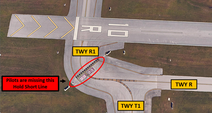 Illustration shows area of concern. The hold short line on Taxiway Romeo is after turning towards runway one zero right.