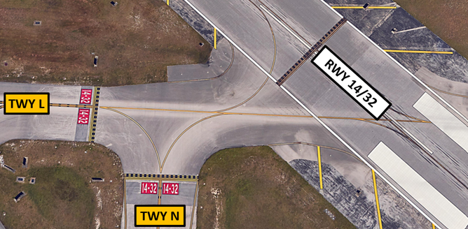 Illustration showing the area of confusion at the intersection of taxiways lima, november and runway one four and three two.