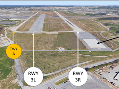 View of Runway Three Left, Three Right and Taxiway Alpha.