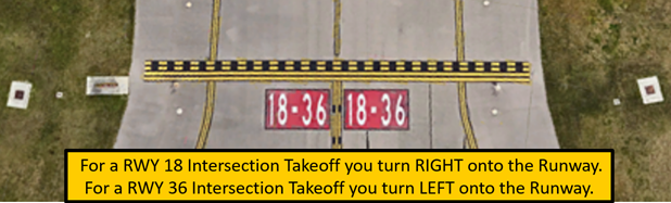 Image shows opportunitye for Wrong Intersection Takeoffs at PIE. For a RWY 18 Intersection Takeoff turn Right onto the Runway, for RWY 36 Intersection Takeoff turn Left onto the Runway.