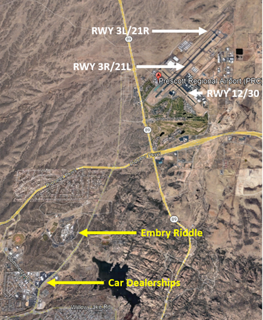 Image shows location of PRC RWYs, Embry Riddle and nearby car dealerships.