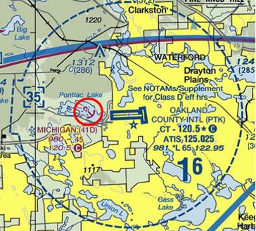 Illustration of Sectional Chart showing location of seaplane base 41Delta off the west end of Oakland County International Airport. 