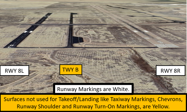 Image shows view to the east. Runway markings are white and surfaces not used for takeoff/landing are yellow
