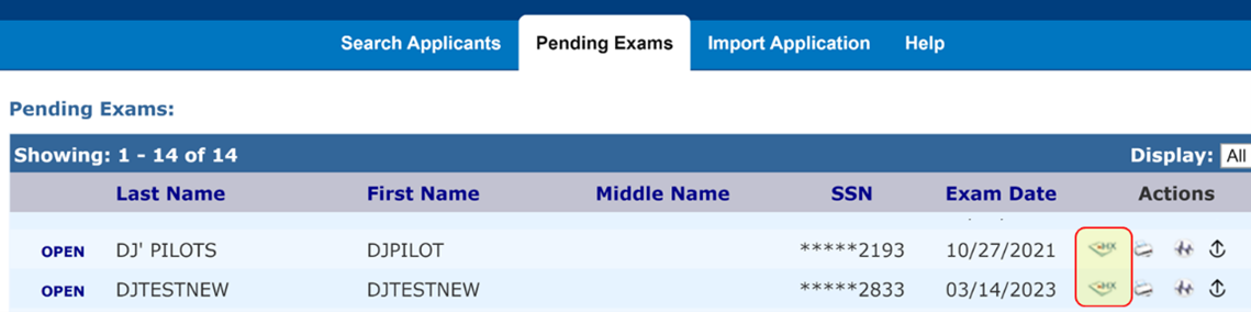 Screen grab showing Pending Exams access