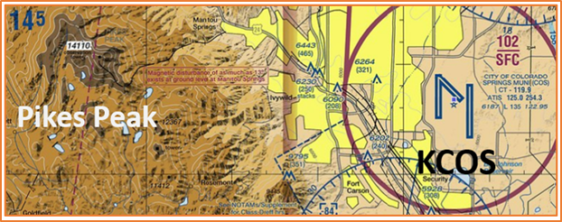 Picture from the sectional chart illustrating the proximity between the Colorado Springs Airport and the Pikes Peak mountain range.