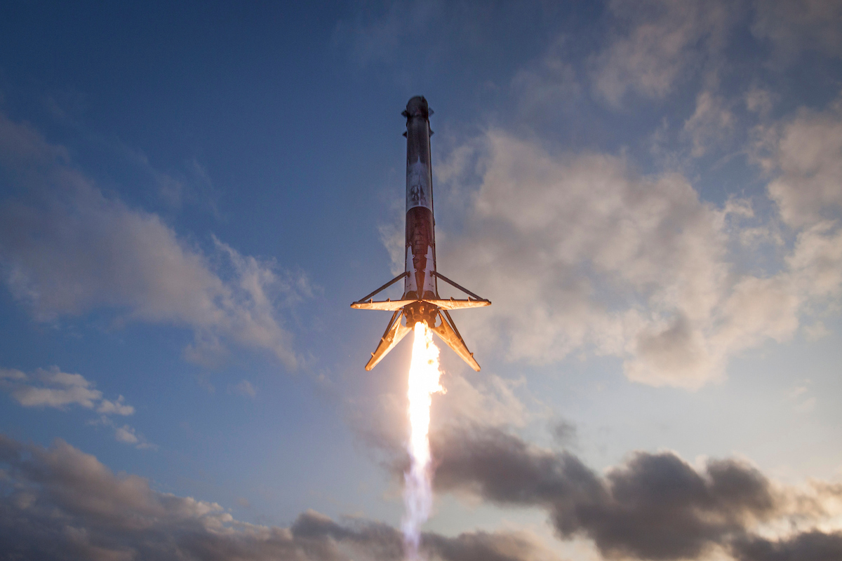 Vertical landing of the Falcon 9's reusable first stage, after placing a commercial satellite named SES-10 into orbit.