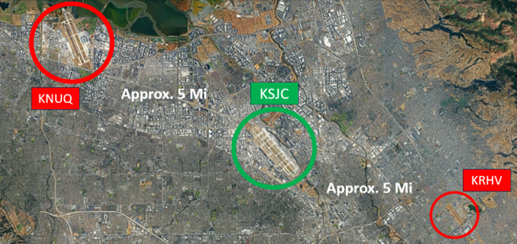 Picture showing the proximity of San Jose Airport to nearby airports.
