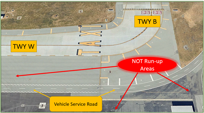 Graphic depiction indicating the vehicle service road and areas that are not used for run-ups.