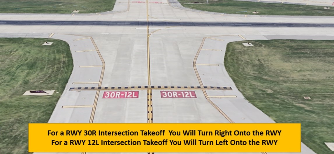 Image shows risk of wrong surface intersection takeoffs at STL. For a RWY 30R intersection takeoff you will turn right onto the RWY. For a RWY 12L intersection takeoff you will turn left onto the RWY.