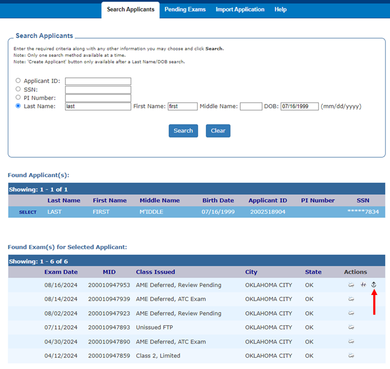 Screen grab of Search Applicants screen