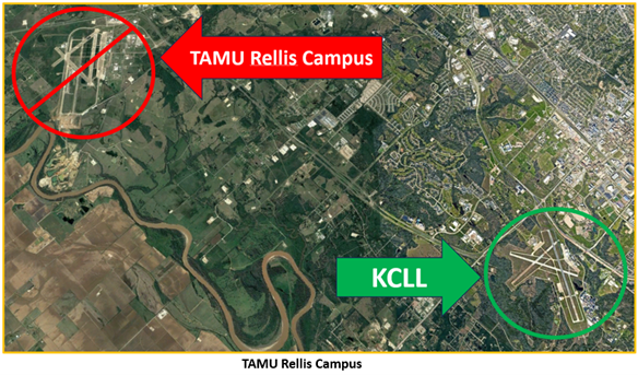 Picture showing College Station Airport as the correct airport for landing.
