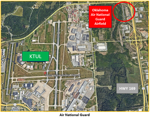 Picture of Tulsa Airport in geographic relation to the Oklahoma Air National Guard Airfield.