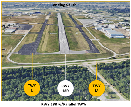 Illustration of aerial view of runway one eight right when landing south at Tulsa Airport