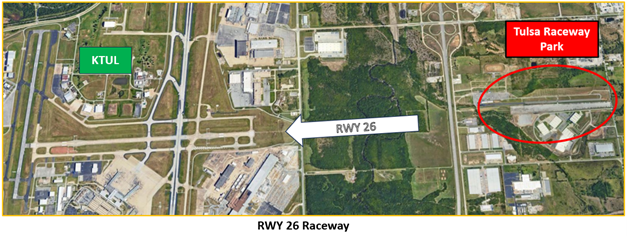 Graphic depicts runway two six in geographic relation to the Tulsa Raceway Park.